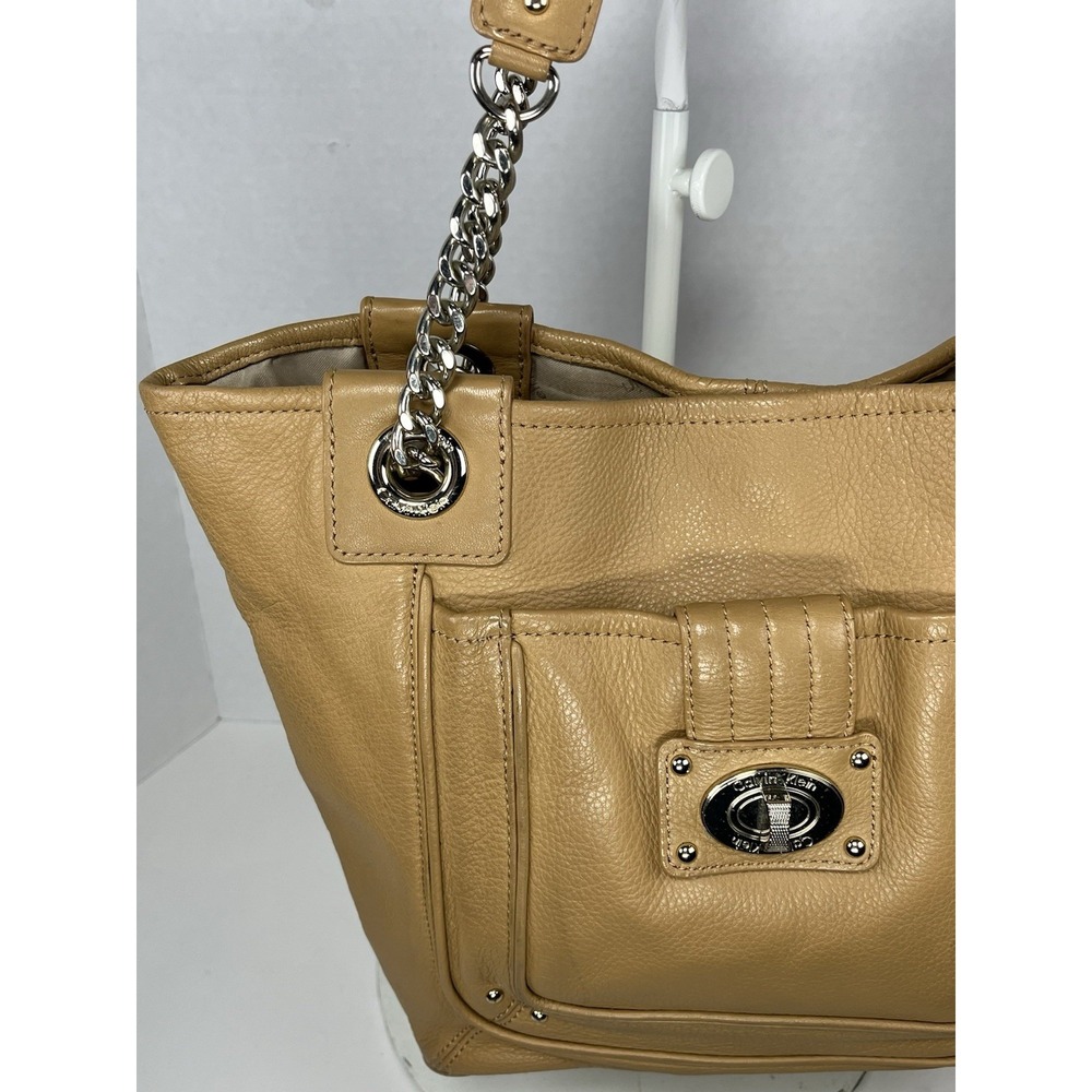 Calvin Klein Womens Leather Tote Purse Tan TurnLock Pocket Minimalist Half Chain - Picture 2 of 11